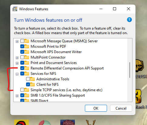 Windows Features / Enable NFS in order to access your low-cost NAS via NFS