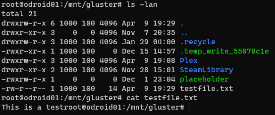 Listing the folder contents from the odroid, then cat the file to view file contents