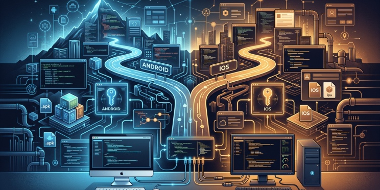 Android and iOS development paths with code, .apk, and ipa files