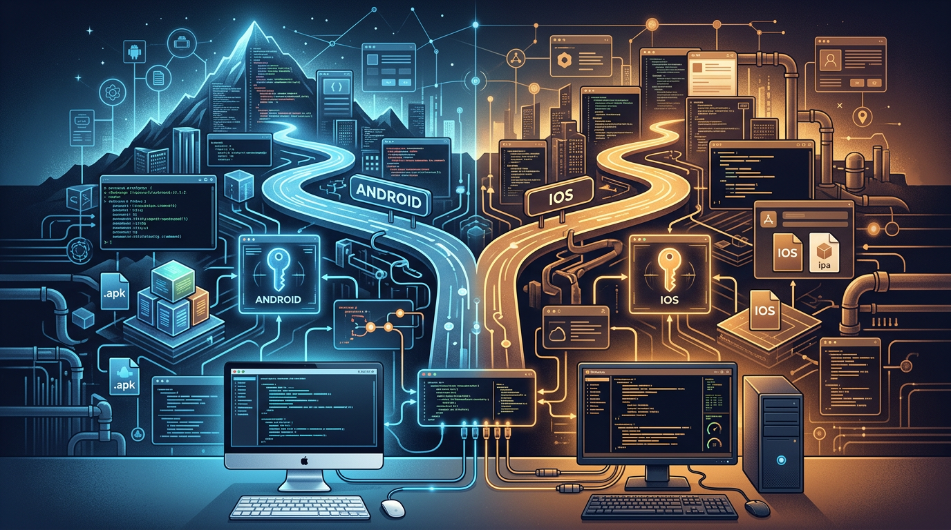 Android and iOS development paths with code, .apk, and ipa files