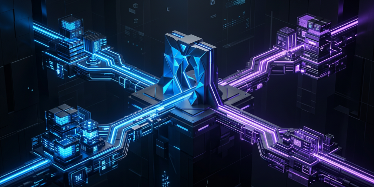 Futuristic central hub connecting blue and violet computer networks