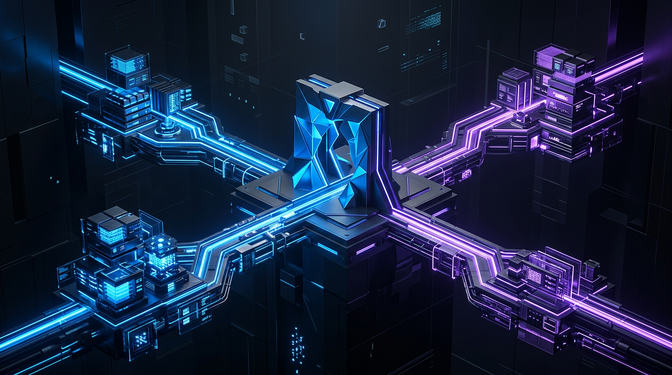 Futuristic central hub connecting blue and violet computer networks