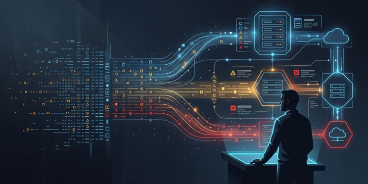 Silhouetted cybersecurity professional monitoring colorful data flows and server alerts