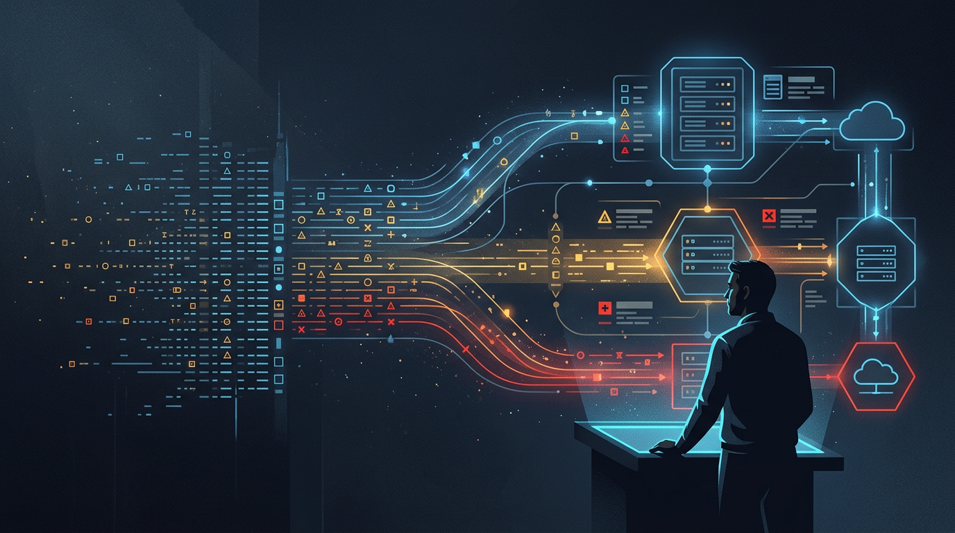 Silhouetted cybersecurity professional monitoring colorful data flows and server alerts